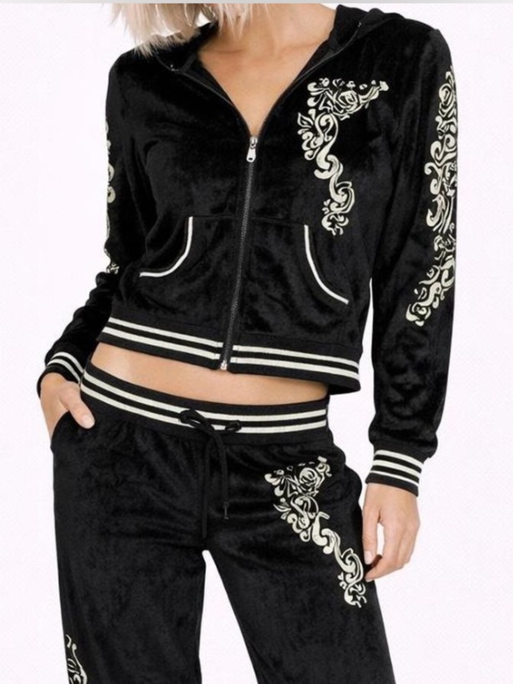 BCBG Maxazria Black Silver Velvety Velour Full-Zip Y2K Tracksuit Jacket Size M